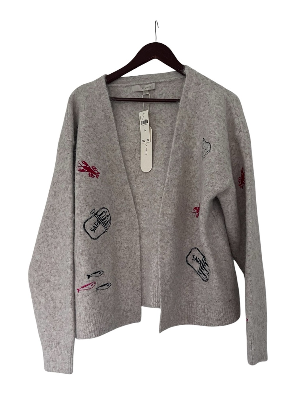 Flat White | Light Gray Embroidered Open-Front Cardigan